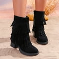 thumbnail image 2 of Fringe Cowgirl Boots for Women 2025 Black Winter Fall Suede Round Toe Long Tassel Platform Chunky Heel Mid Calf Dress Short Booties, 2 of 8