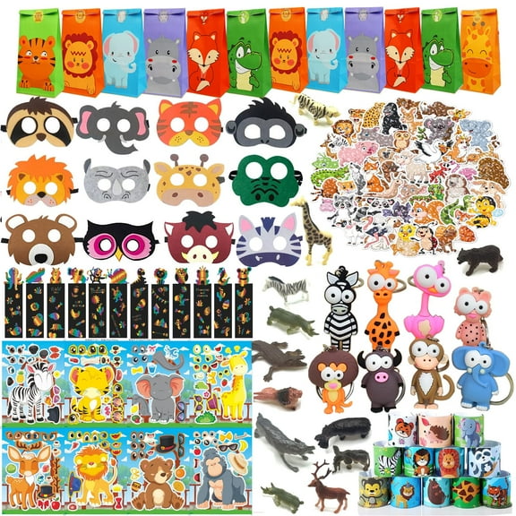 158 pcs Safari Party Favors for 12 kids Safari Birthday Party Supplies, Wild Animal Goodie Bags ,Safari Birthday Decorations Gift Bag Fillers Pinata Stuffers, Wild Animals Themed Party Toys Y114