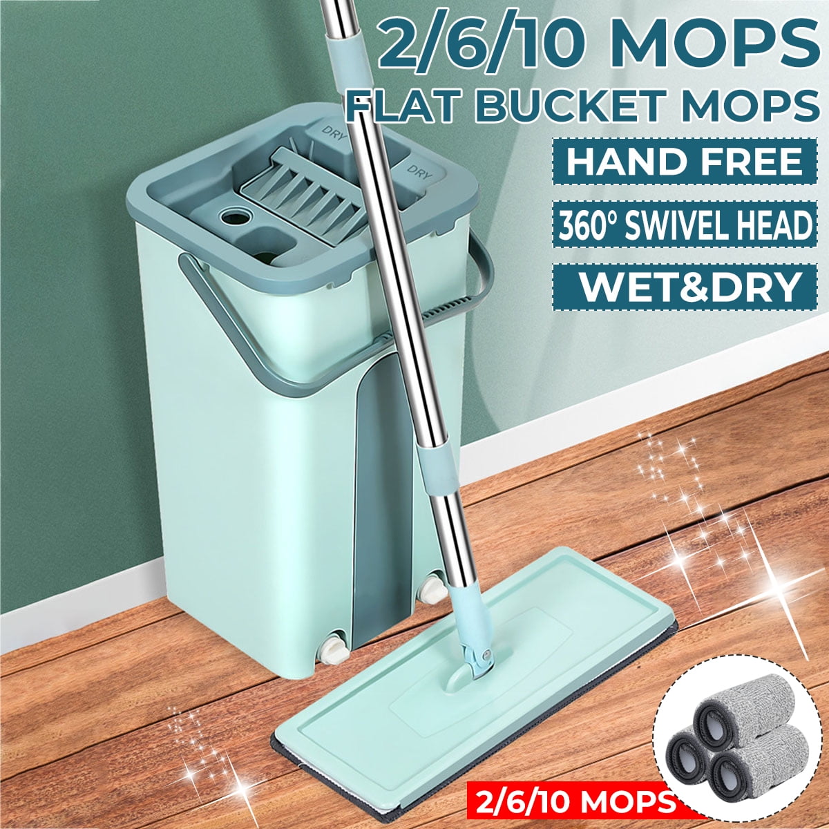 360° Flat Squeeze Microfiber Mop & Bucket Set Home Floor Tiles Cleaning 10Pads 