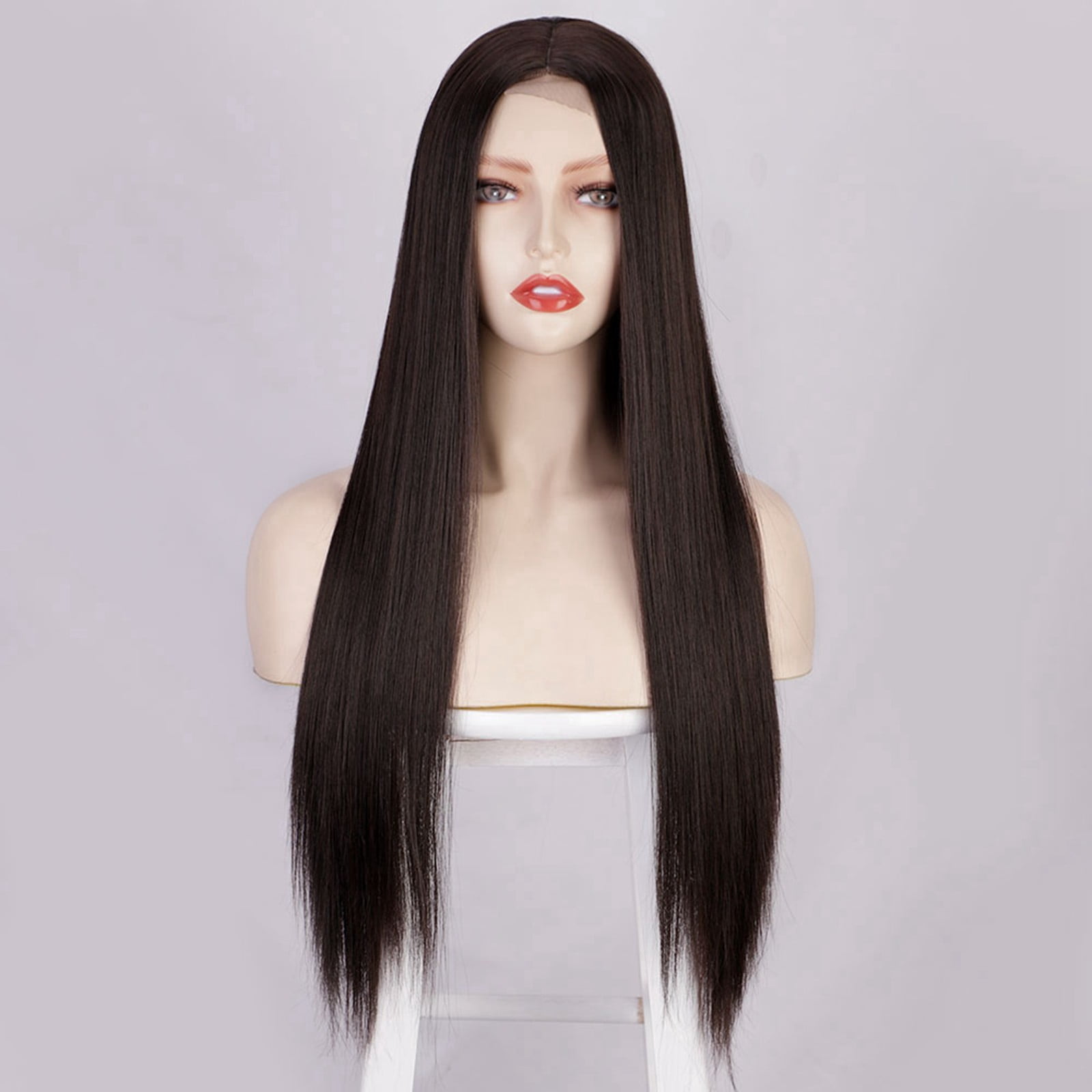European Human Hair Blend Long Straight Lace Front Wig Middle Part Natural Synthetic Fiber Headpiece For Women