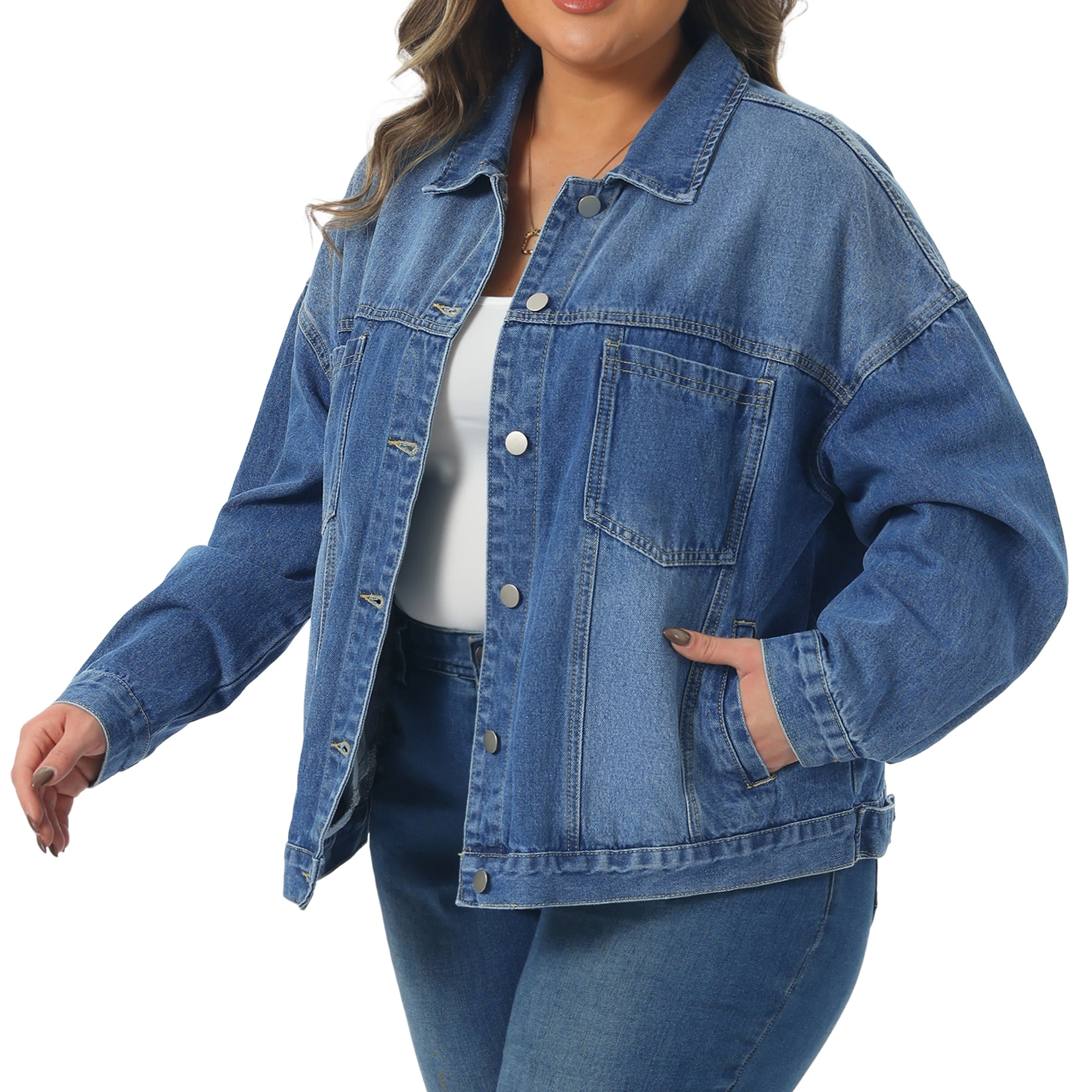 DARING DIVA Women's Plus Denim Long Sleeve Button Washed Jacket 2X Blue