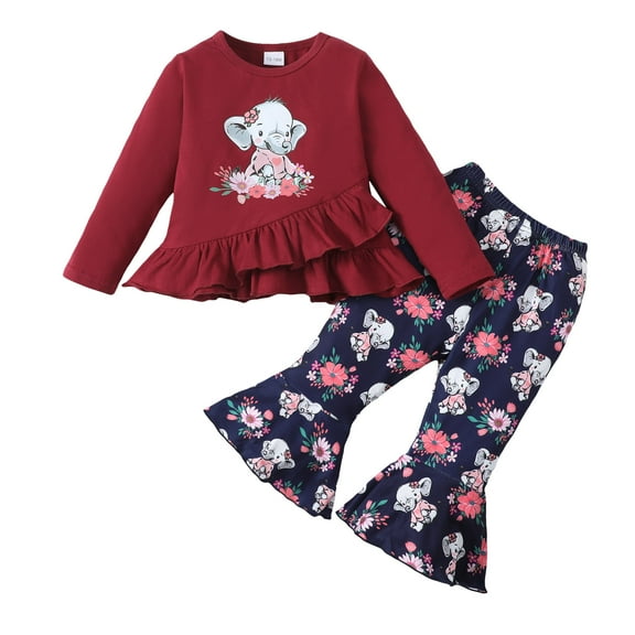 2T Baby Girls Clothes 3T Girls 2PCS Outfits Set Cute Elephant Print Toddler Girls Long Sleeve Top Pants Set Red