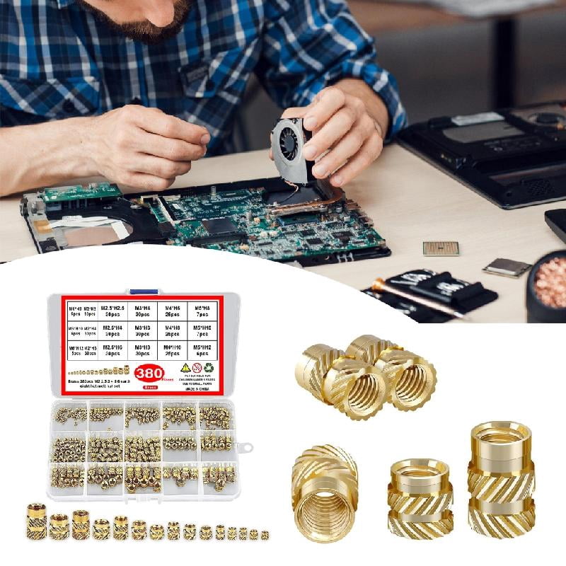 BQBQERT 380Pcs Brass Knurled Nut 2/2.5/3/4/5/6mm Threaded Inserts Metric Knurled Nut Assortment Kits for 3D Printing