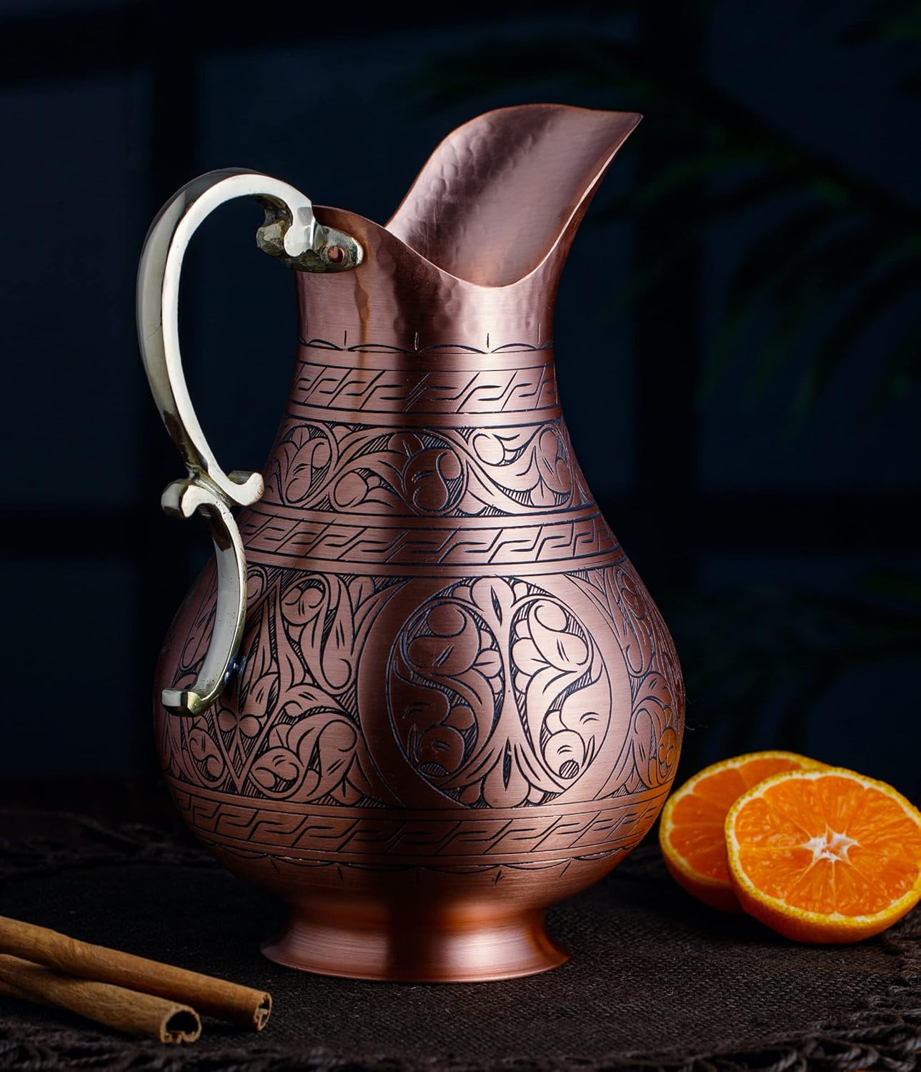 DEMMEX Handmade Engraved Copper Pitcher – 1mm Solid Turkish Copper Water Jug for Ayurvedic Drinking, Moscow Mule & Cocktails (Matte-Engraved)
