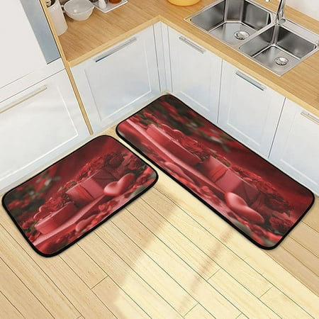

Kitchen Rug Set 2 Pieces Non Slip Kitchen Mat for Kitchen Home Floor Sink 47 x19 +27 x19 Red Roses and Gift Box