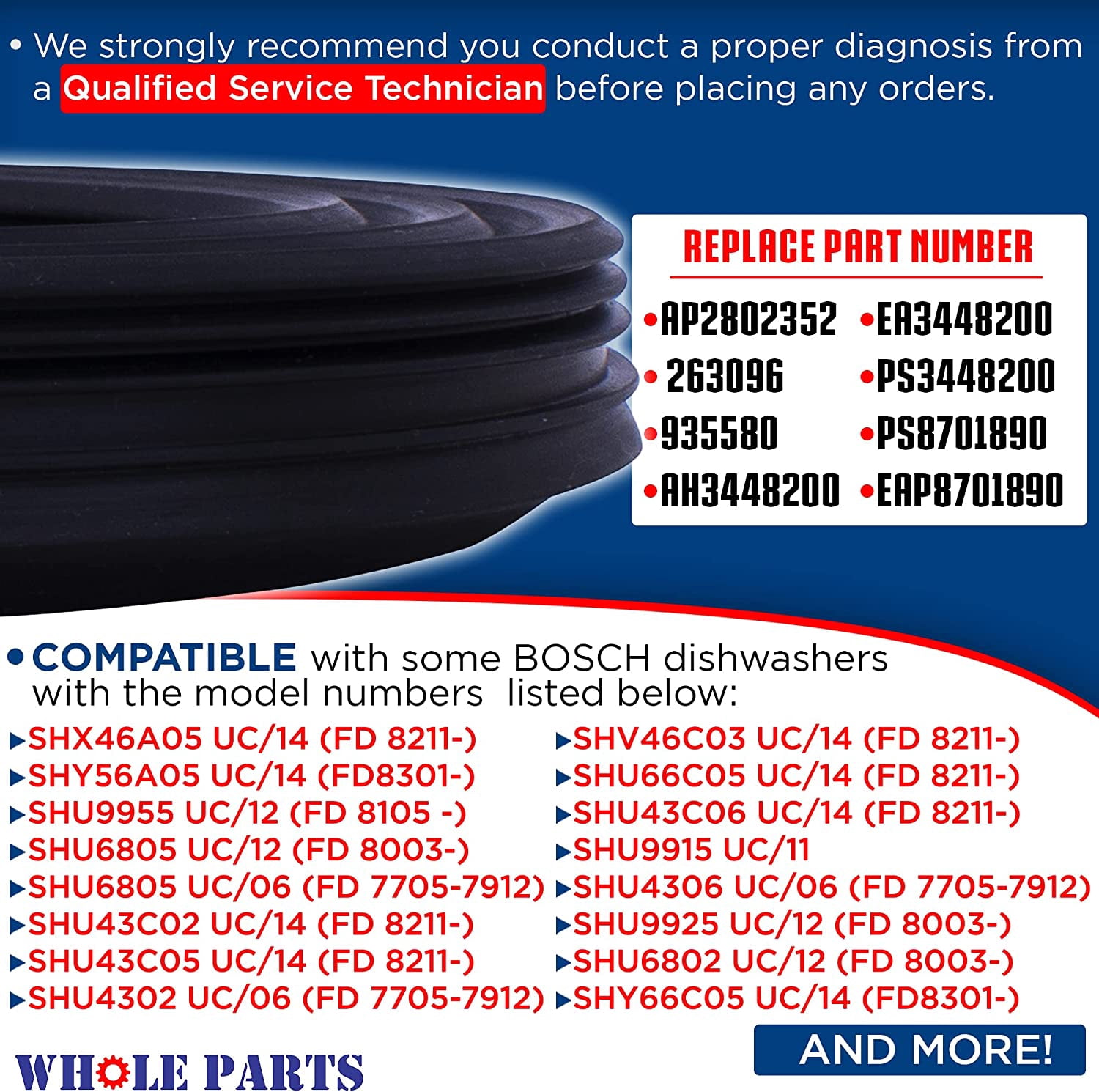 Whole Parts Dishwasher Door Gasket Part # 00263096 - Replacement & Compatible With Some Bosch, Thermador and Kenmore Dishwashers