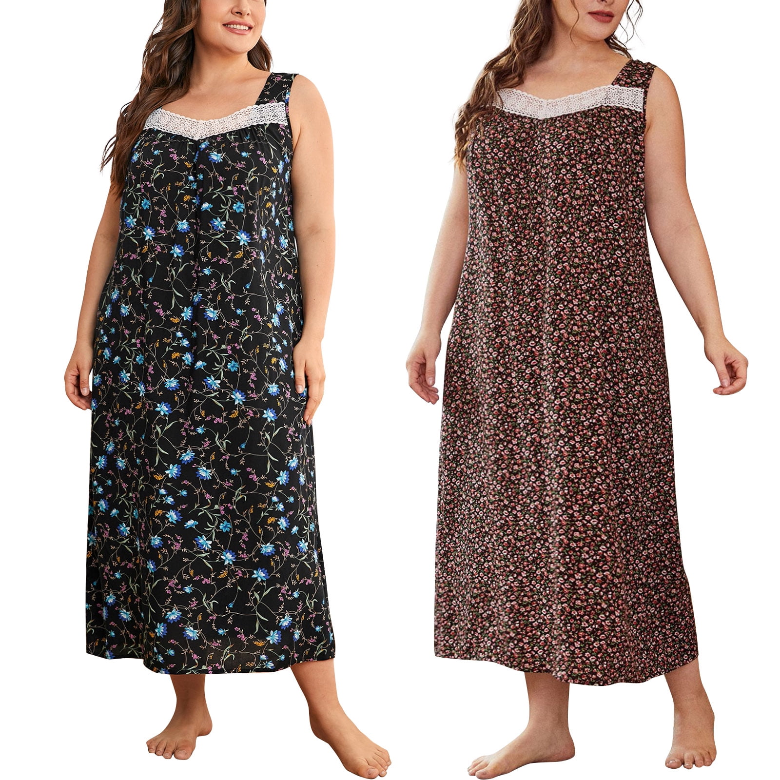 Baywell Plus Size House Dress Womens Sleeveless Mumu Duster Dress Floral Printed Lace Square Neck Moo Moo Dress Tank Nightgown Sleepwear Casual Long Pajamas Lounger Dress XL 5XL Walmart