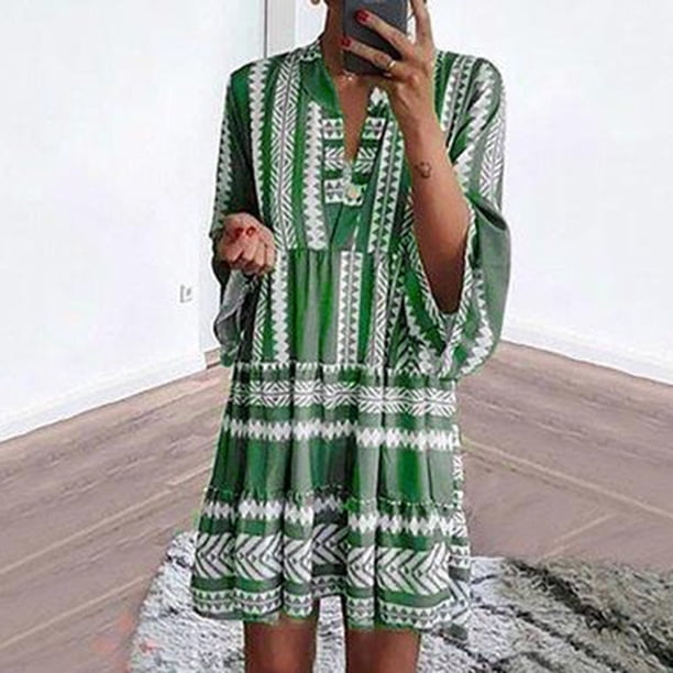 WILLBEST Vestidos Largos Casuales para Mujer, Vestido Camisero con Cuello En V para Mujer, Vestido Mini con Estampado de Vuelo para Vacaciones de Verano de Gran Tamaño Mediana