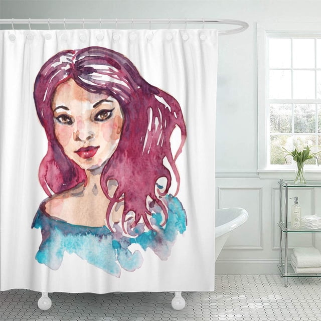 ABPHQTO Cortina de ducha 160x180 cm Blue Blushing Girl Beautiful Purple Hair Brown Curls Eyes