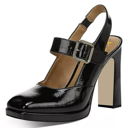

YDN Women Classic Chunky High Heel Pumps Square Toe Elastic Slingback Strap Buckle Shoes for Wedding Bridal Event Size 15 Black