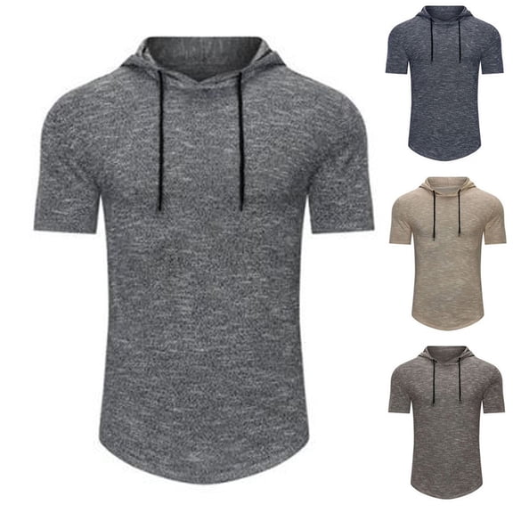 QATAINLAV Men's Short Sleeve Hoodie Slim Fit Lightweight Solid Drawstring Pullover Summer Casual Hooded Shirts, Brown, M