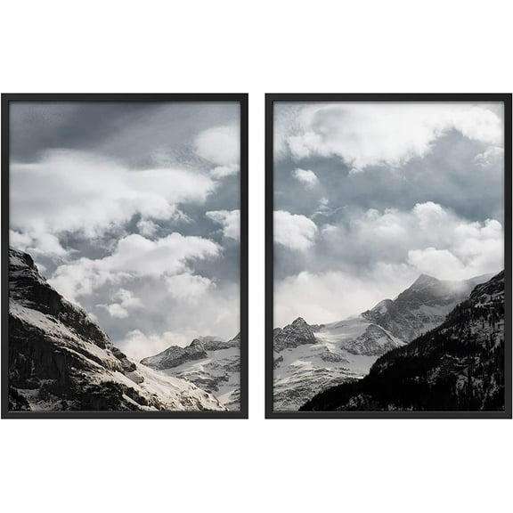 PixonSign Framed Wall Art Collage Print Gallery Set Retro Mountain and Sky Scene Nature Wilderness Photography Realism Landscape Dramatic Duotone for Living Room, Bedroom, Office - 12"x16"x2 BLACK