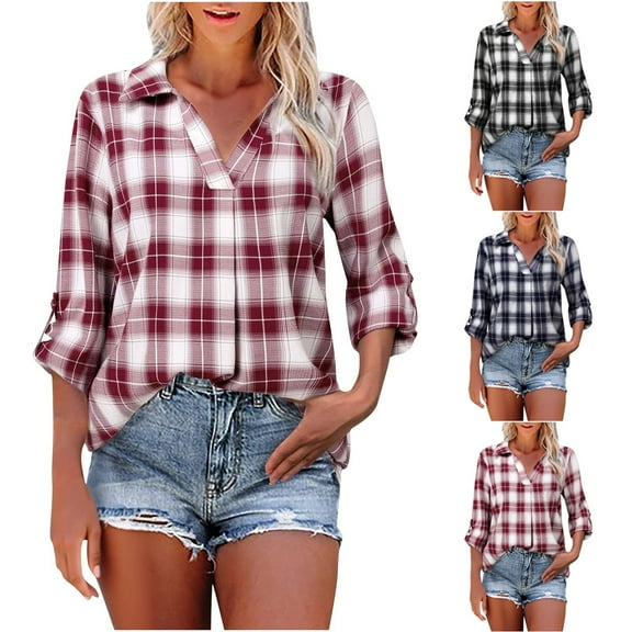 FRSASU Womens Shirts Casual Lapel Plaid Print Long Sleeve Round Neck Loose Casual Blouse Tops Red