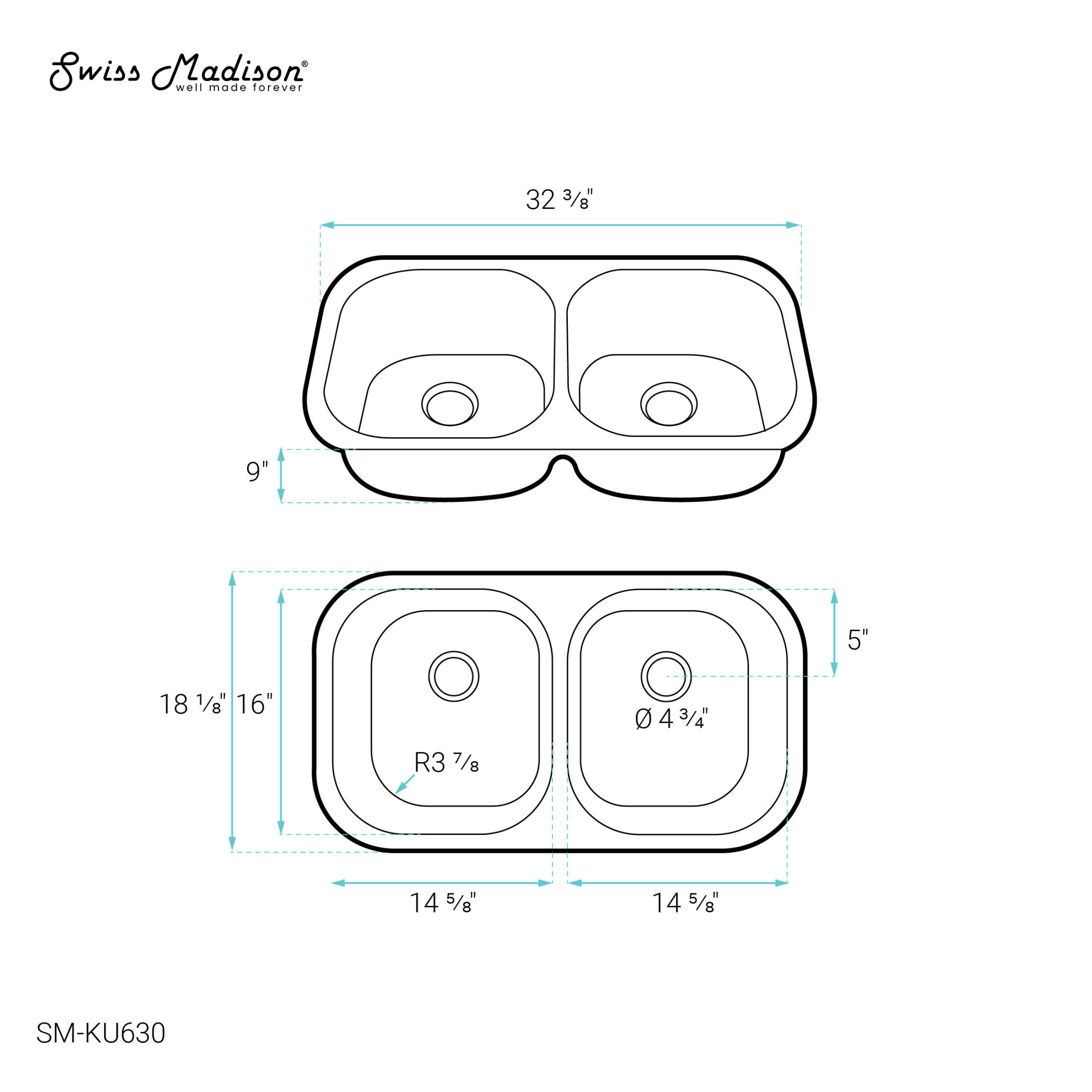Toulouse 32 x 18 Stainless Steel, Dual Basin, Under-Mount Kitchen Sink
