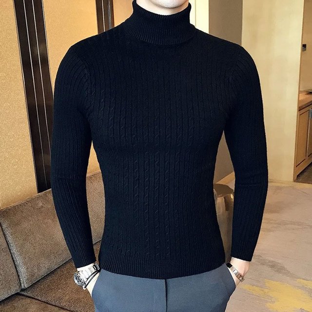 Pull Col Roulé Automne Hiver Chaud Couleur Unie Pull Homme Slim Pull Tricoté