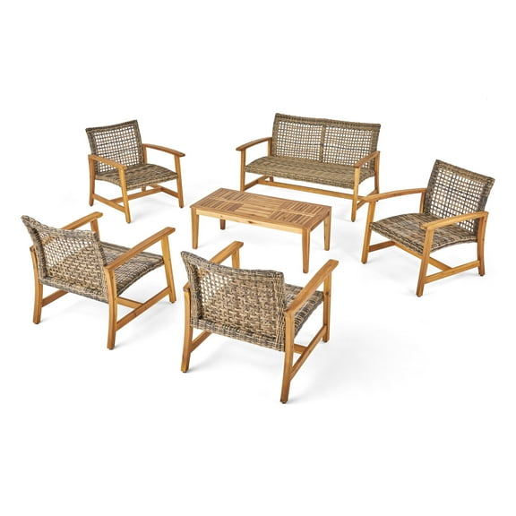Levant Outdoor 6 Piece Wood and Wicker Chat Set, Gray