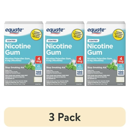 (3 pack) Equate Nicotine Gum 4 mg, Stop Smoking Aid, Ice Mint Flavor, Coated, 100 Count