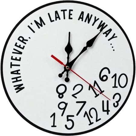 Whatever I'm Late Anyway Wall Clock Funny Sarcastic Wooden Irregular Timepiece Decorative, 12 Inch Silent Non-Ticking Round Clock with Scramble Numbers for Office Home Decor Procrastinator Gift