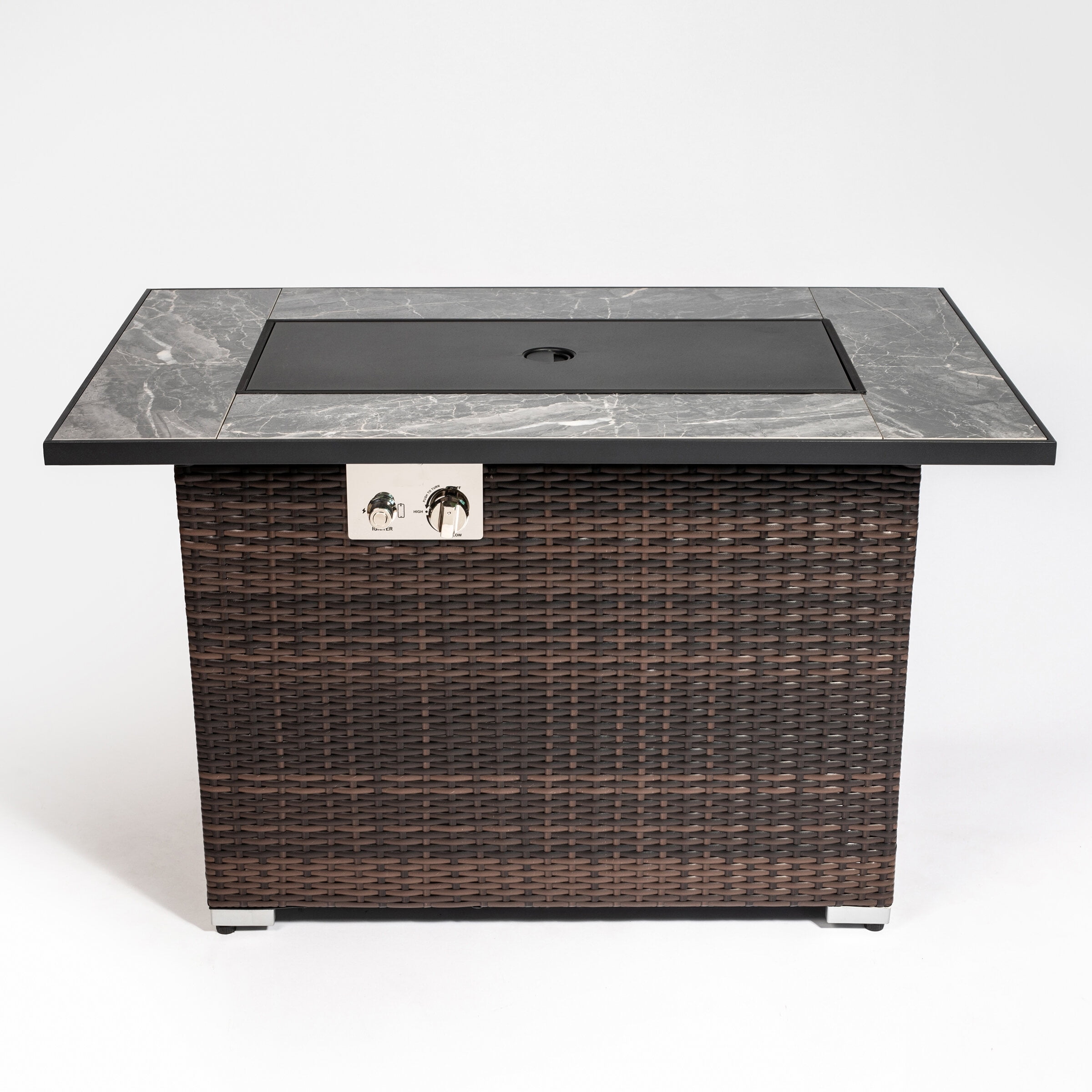 Tabletop Heater, 44" Propane Gas Fire Pit Table, 50000 BTU Rectangular Fire Pit, Tile Tabletop with Beautiful Wicker Base for Outside Patio Deck Garden Courtyard-Brown, Espresso Patio Heater