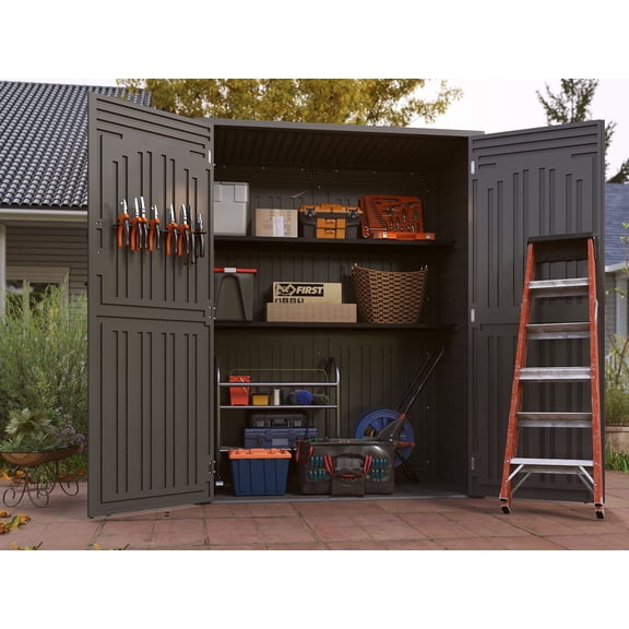 EHHLY 60 Cu. Ft Outdoor Resin Storage Cabinet with Floor, Waterproof Large Plastic Shed for Garden Tools, Lawn Mower and Patio, Grey