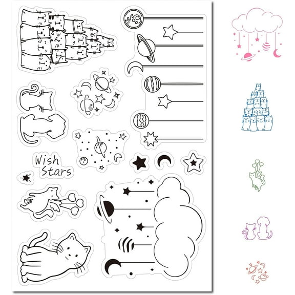 DIY Cat Dog Planet Clear Rubber Stamp Cute Animals Moon Star Cloud Transparent Silicone Seals Stamp for Journaling Card Making DIY Scrapbooking Handmade Photo Album Notebook Decor DIY