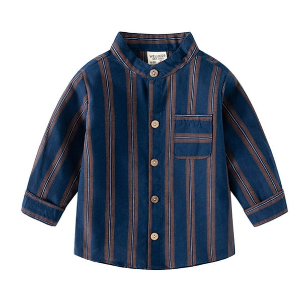 Gibobby Playeras Niños Chaqueta de camisa a rayas de franela para niños pequeños, chaqueta de manga larga con solapa y botones, camisa con bolsillos para bebés y niñas, abrigo(Azul marino, 2-3 Años)