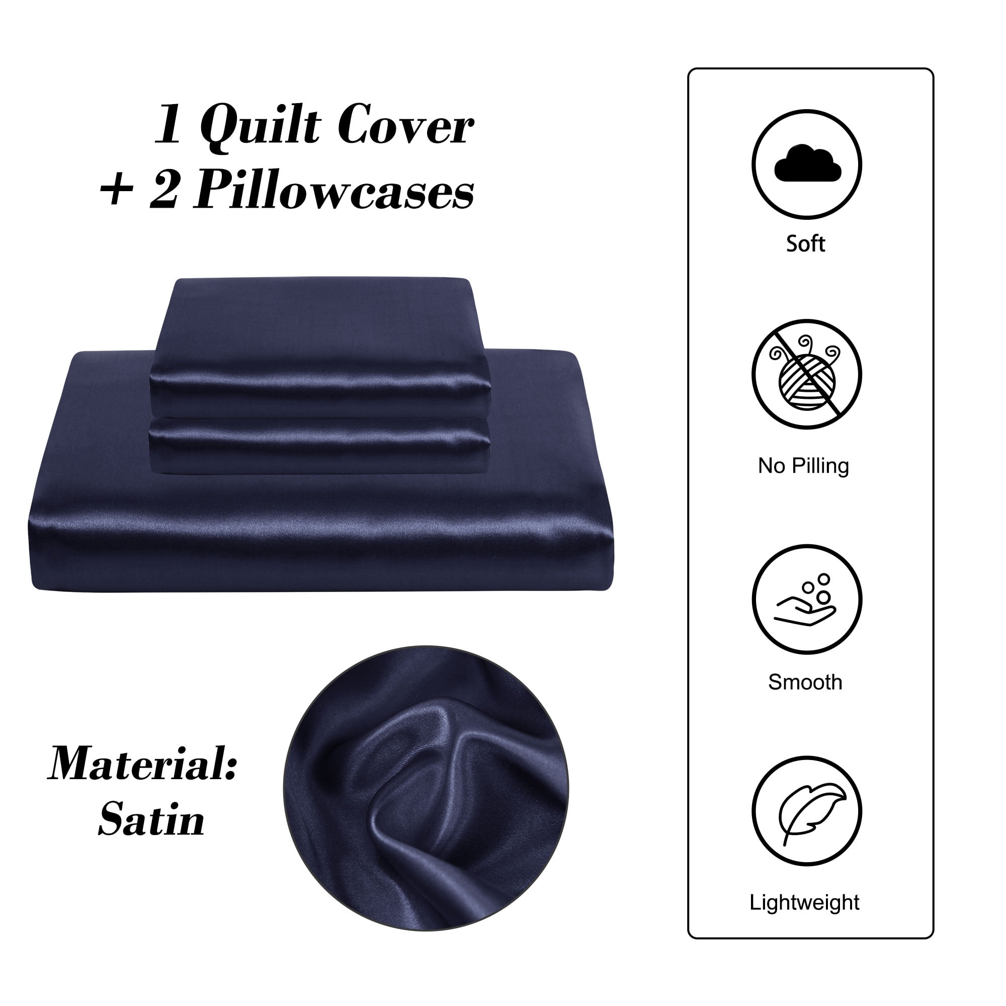 Unique Bargains Satin Duvet Cover Set of 3 with 2 Pillowcase Queen Navy