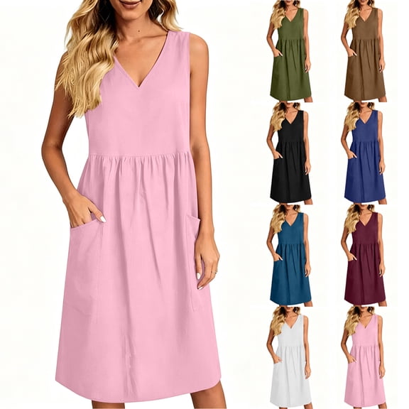 Lenago Floral Dress for Women Ladies' Casual And Fashionable Solid Color V-Neck Sleeveless Pocket Dress Black L