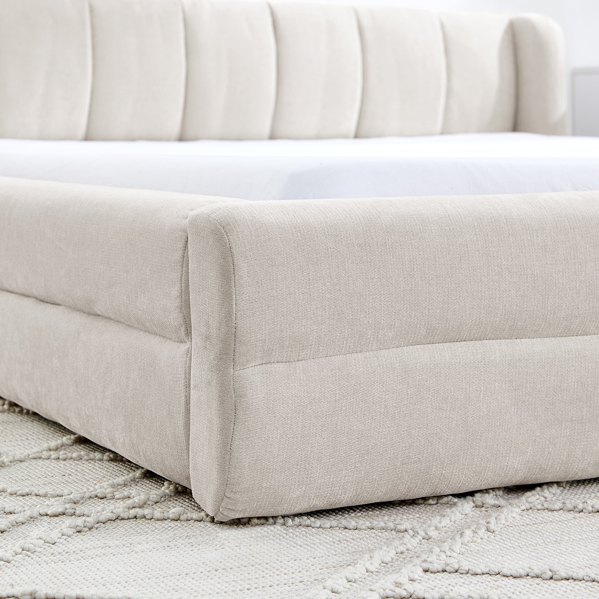 Modern Beige Wood Frame Grounded Queen Size Platform Bed, Queen Chenille Upholstered Platform Bed with Headboard