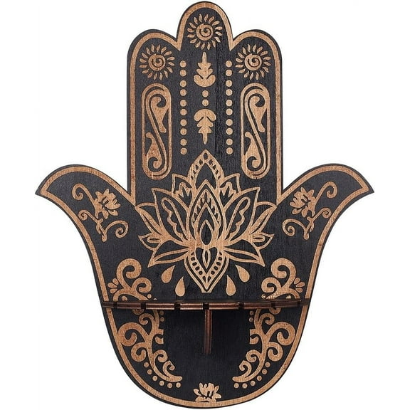 Hamsa Crystal Display Shelf Hamsa Hand Wooden Wall Decor Crystal Holder Shelves Lotus Wall Mounted Floating Shelf Stand for Witch Stuff Altar Supplies Spiritual Gift Black 9.8 x 11.8Inch for DIY