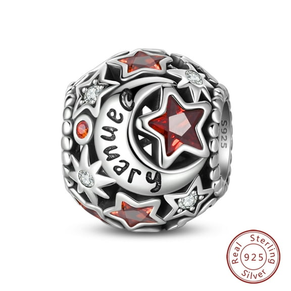 BONZEUS 925 Sterling Silver Birthstone Charm Bead - Star & Moon Design with Sparkling Zircon - All 12 Months Available - Fits Popular Bracelets - Fine DIY Jewelry