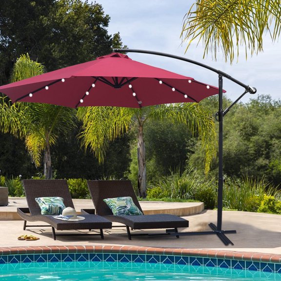 Solar Powered Outdoor Umbrella, SYNGAR 10ft Patio Offset Hanging Umbrella with 24 Solar Powered LED Lights, Crank & Cross Base, Outdoor Patio Umbrella for Backyard Poolside Lawn Garden, Burgundy, D105