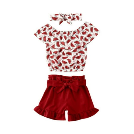 

EYIIYE Kids Baby Girls Summer Off Shoulder Watermelon Print Top + Red Ruffle Shorts + Headband Outfits 1-5 Years