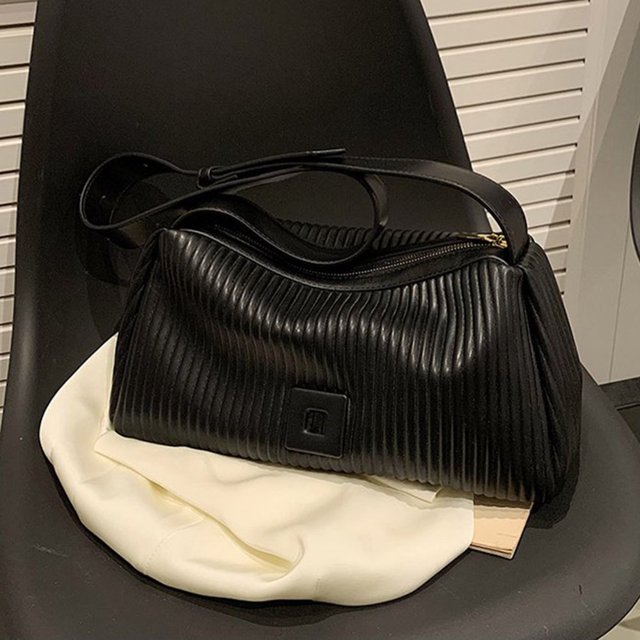 Bolso informal para mujer, Bolso plisado de cuero PU, Bolso informal para mujer al aire libre (negro)
