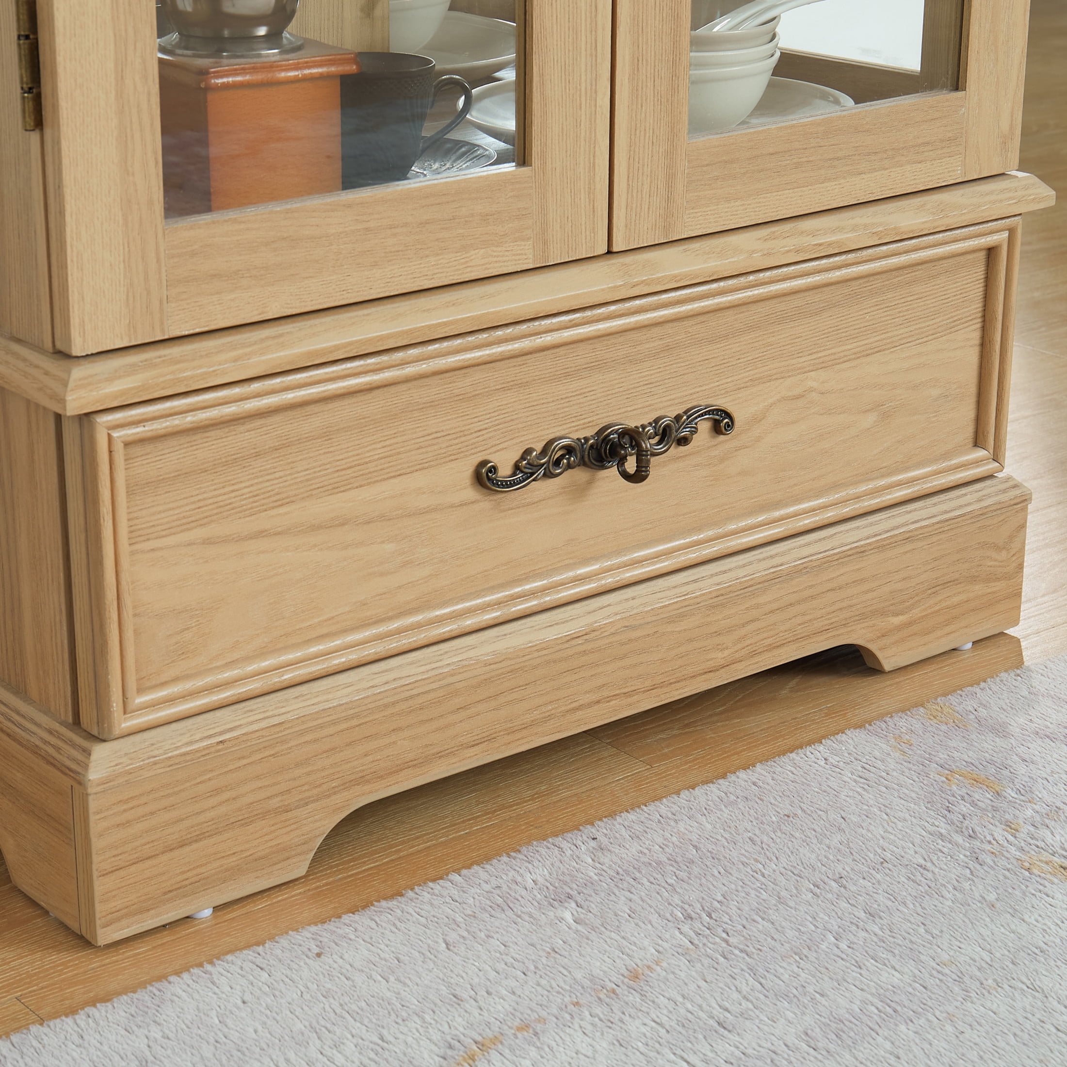 Noble House Louisa Lighted Curio Cabinet, Glass Display Case with Drawer, Mirrored Back & Adjustable Shelves, Light Oak