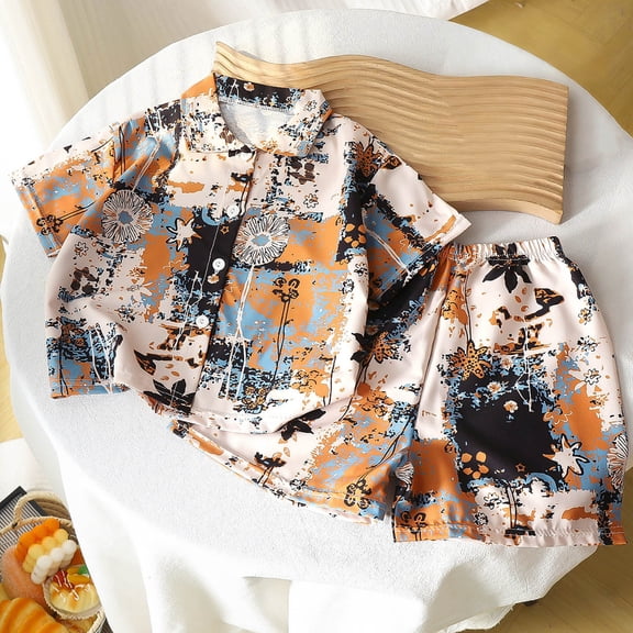 HVOBTTY Toddler Boy's Breathable Floral Print Lapel Short Sleeve Woven Shirt Elastic Waist Loose Short Pant 2 Piece Beach Casual Suits