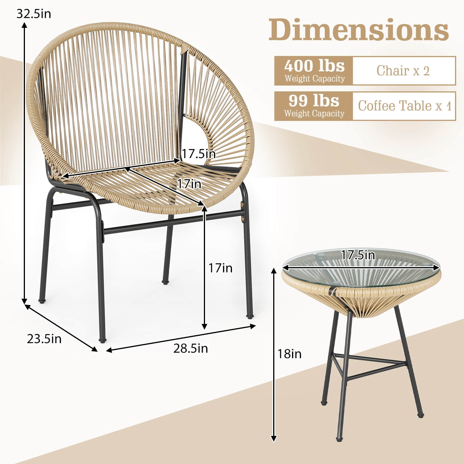 Costway 3-Piece Wicker Patio Bistro Set,Outdoor Acapulco Chairs and Tempered Glass Table Beige + Black