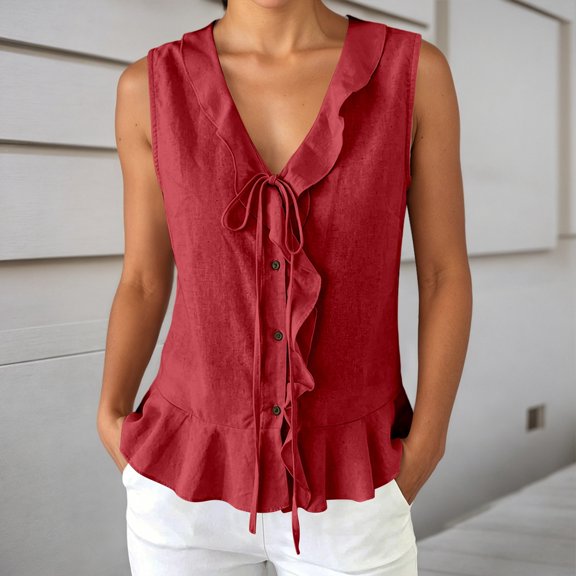 Womens Sleeveless Vest Ruffle Button Down Knit Tank Top Summer Trendy Going Out Vest Tops Business Casual Tank Top(Red,L)