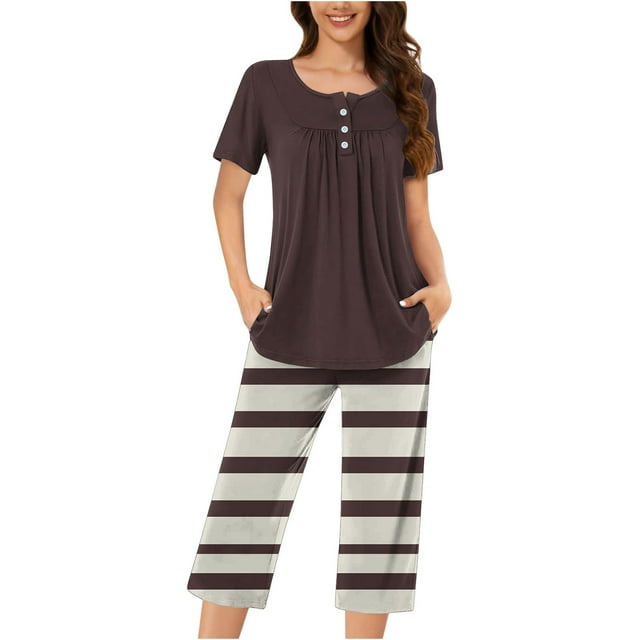 Timegard Ensembles de Pyjamas pour Femmes 2 Pcs Détente Col Rond Manches Courtes Haut Pantalon Capri à Rayures avec Poches Tenues