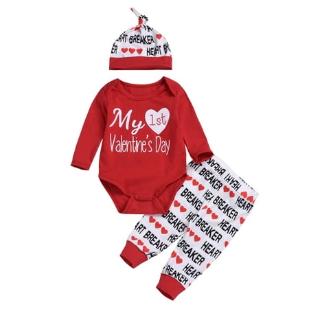 

Newborn Toddler Baby Boy Girl First Valentine s Day Tops Romper+Long Pants+Caps Outfits Clothes Sets 0-18M
