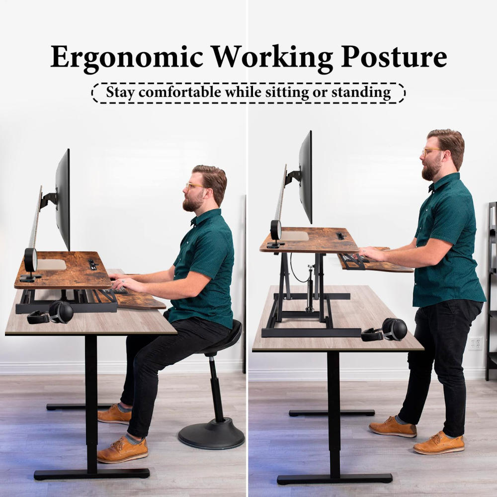37 Inch Standing Desk Riser, Adjustable Sit to Stand Workstation with Keyboard Tray, 2 Monitor Desktop Converter for Home Office(Brown)