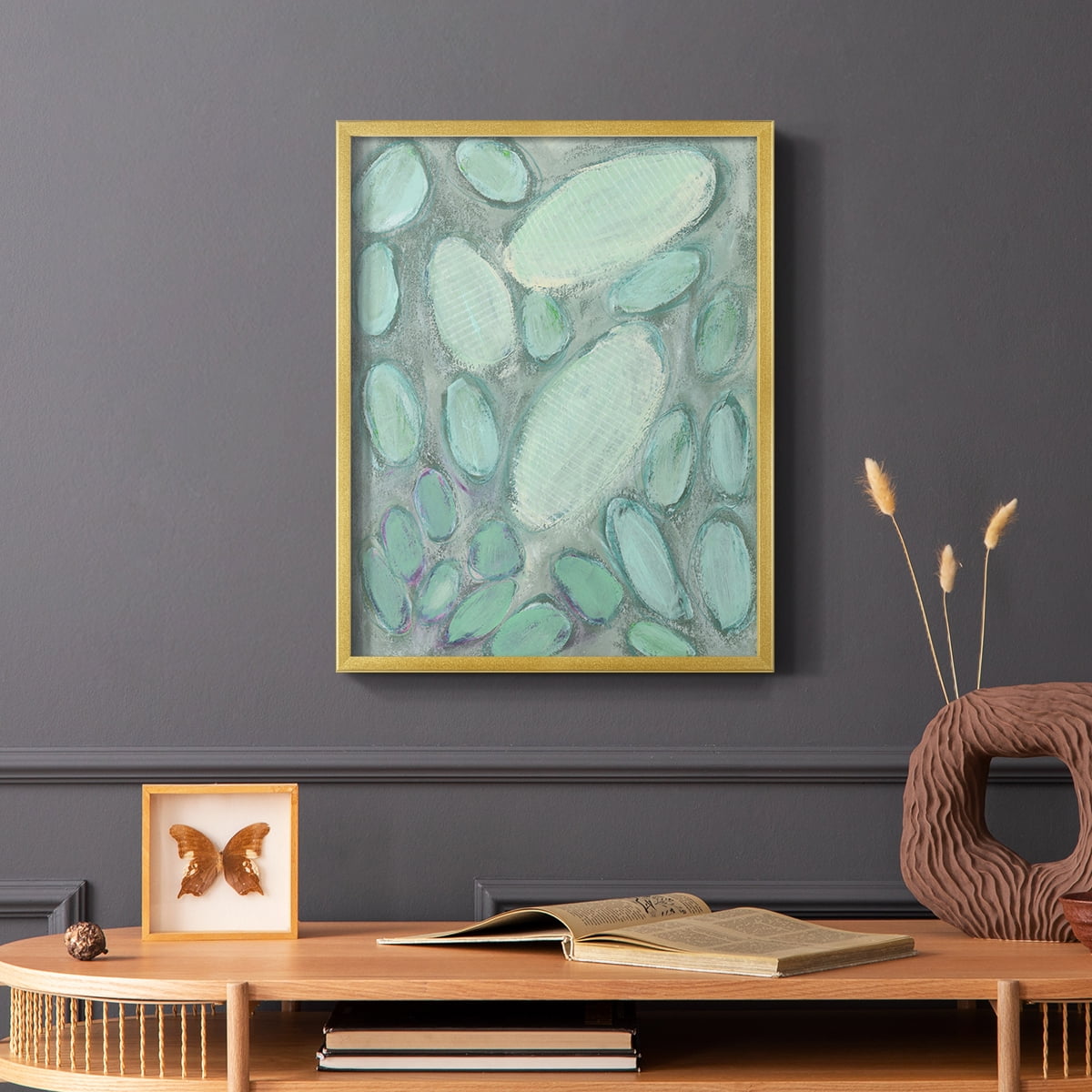Blue Orbs II Framed Print in Gold Solid Wood Framed Print No Nail Hanging