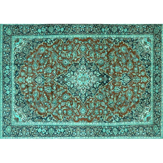 Ahgly Company Machine Washable Indoor Rectangle Medallion Turquoise Blue Traditional Area Rugs, 3' x 5'