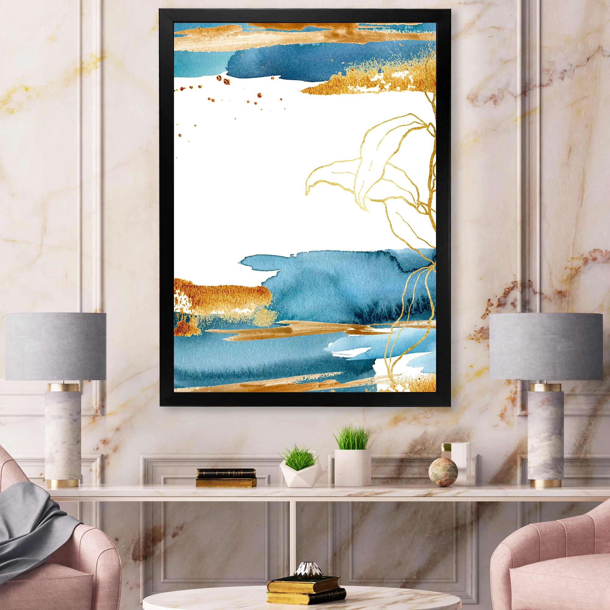 Designart 'Abstract Golden Laminaria Branch & Leaves' Traditional Framed Art Print