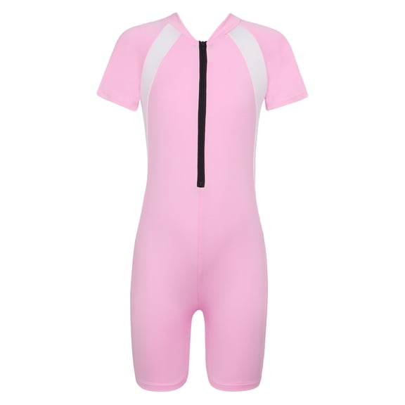 TSSOE Girls Boys One-Piece Short Sleeve Zippered Shorty Wetsuit Swimsuit Rashguard Sun Protection Pink 8