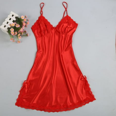 Lace V-neck Nightgown - Marainbow Ladies Sexy Silk Satin Night Dress Sleeveless V-neck Nightgown Lace Sleepwear For Women