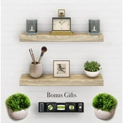 Floating Shelves Wood Natural Set of 2 - Real Wood Mounted Wall Shelf - 24in x 5.5in x 1.5in Hanging Shelf - Paulownia W/ Natural Finish - Level Tool and Plants Included