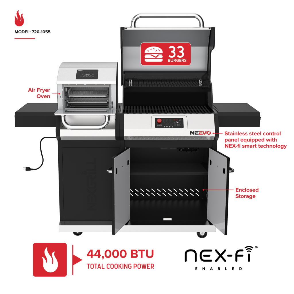 Neevo 44,000 BTU Propane Gas Grill with Built-in Air Fryer, 714.3 sq in Cooking Area, 2 U-Shaped Burners, Cast Iron Grates, Smart Outdoor BBQ with App Connectivity & Electronic Controls, 720-1055
