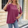 thumbnail image 3 of Camiseta informal de mujer de color liso, cuello redondo y manga corta holgada - Poliéster, ropa de verano - Tallas S-XXL, estampado, 3 of 7