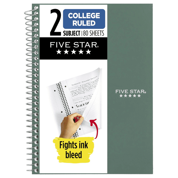 Five Star Small 2-Subject Spiral Notebook [College Ruled]: 6 in. x 9-1/2 in. (Green) 80 sheets